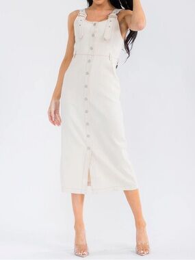 Cream Denim Button-Front Midi Dress 100% Cotton, Sleeveless Buckle Strap